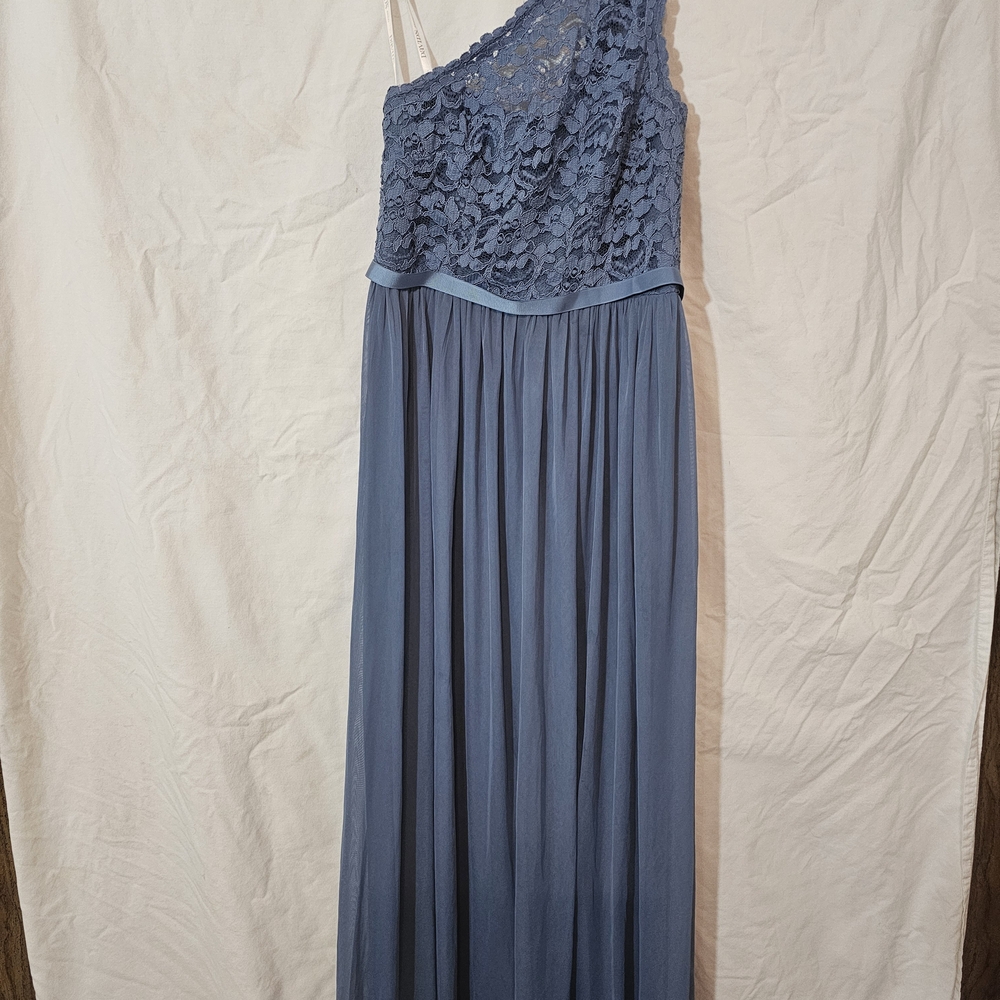 David's Bridal One-Shoulder Lace and Chiffon Dress in Slate Blue